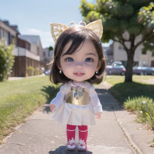 The image shows a small girl with short brown hair and blue eyes. She is wearing a white dress with a gold bodice and pink leggings. She is also wearing a gold headband with cat ears. She is standing on a sidewalk in front of a tree. There are houses in the background. The girl is smiling and looks happy.