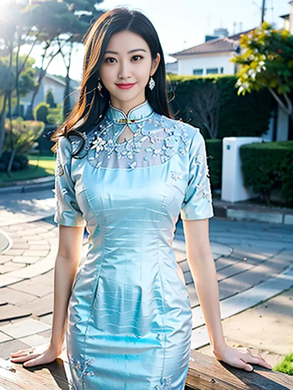 The image shows a young woman wearing a blue cheongsam. The cheongsam is a traditional Chinese dress that is typically worn by women. It is a one-piece dress that is fitted to the body and has a high collar. The cheongsam is often made of silk or other luxurious fabrics and is often decorated with intricate designs. The woman in the image is wearing a blue cheongsam that is made of a light blue silk fabric. The cheongsam has a high collar and is fitted to her body. The cheongsam is also decorated with intricate designs. The woman's hair is long and black and she is wearing light makeup. She is standing in a garden and there are trees and flowers in the background.