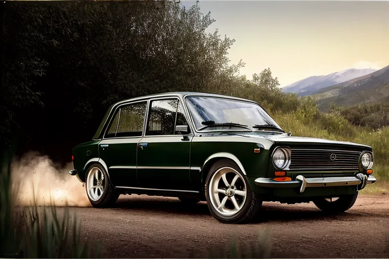 L'image montre une voiture verte sur une route. La voiture est une VAZ-2103, qui est une voiture soviétique produite de 1972 à 1984. La voiture est de couleur vert foncé et a une bande blanche sur le côté. La voiture roule sur une route entourée d'arbres. Il y a une montagne à l'horizon. Le ciel est orange et le soleil se couche. La voiture se déplace rapidement et de la fumée sort des pneus. La voiture semble avoir beaucoup de puissance.