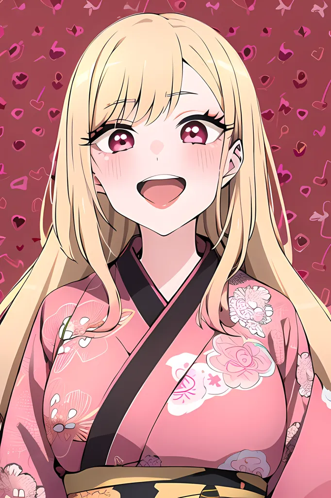 The image is a digital painting of a young woman in a pink kimono. She has long blonde hair and red eyes, and is smiling happily with her mouth open. The background is a light pink color, with several pink hearts of various shades. The woman is wearing a pink kimono with white and yellow floral designs, and has a yellow obi tied around her waist.