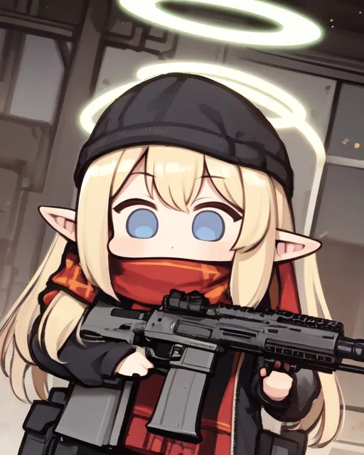 The image is of a chibi-style character with blonde hair and blue eyes. She is wearing a black beanie with a green halo on top, a red scarf, and a black jacket with a red and white pattern on the sleeves. She is also wearing a utility belt with a few pouches on it. She is holding a gun in her hands. She has elf ears.