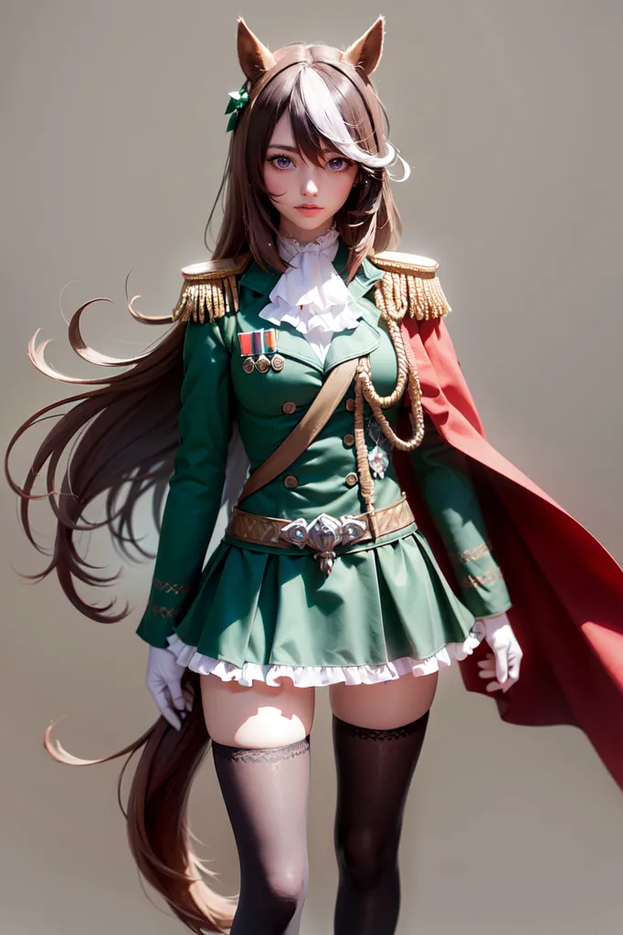 The image shows a young woman with long brown hair and brown horse ears. She is wearing a green military-style outfit with a red cape and a white cravat. She has medals on her chest and a sword on her hip. She is standing at attention and looks confident and determined.