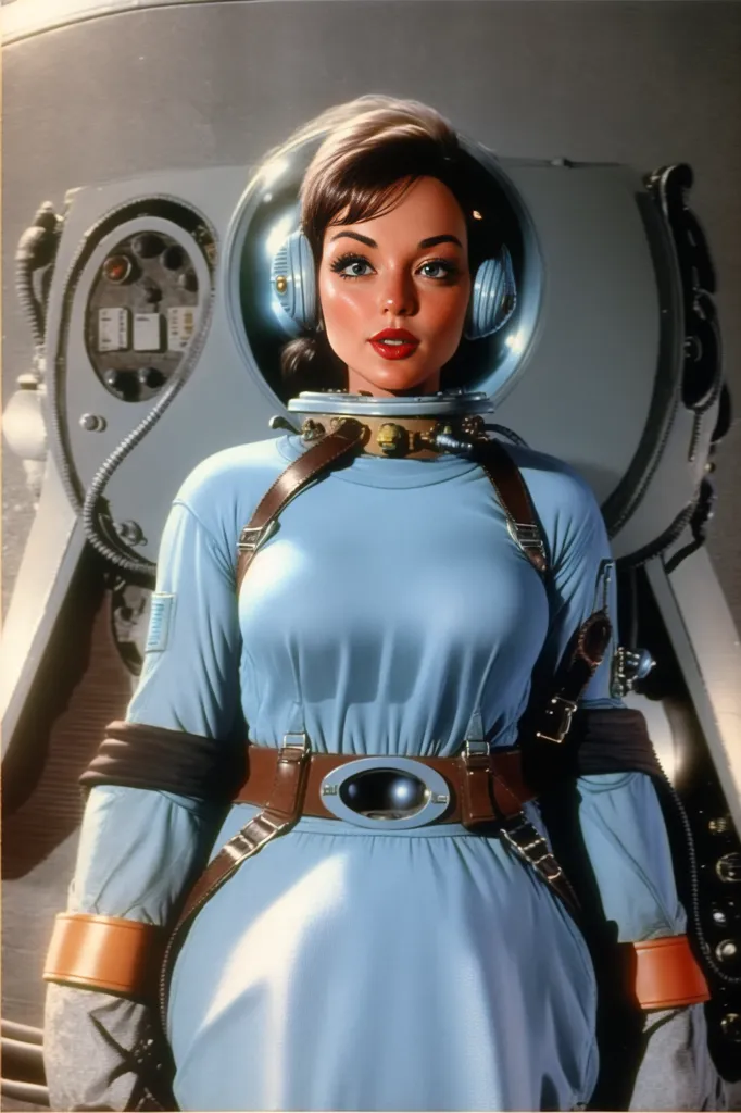 This is an image of a young woman dressed in a vintage spacesuit with a large transparent bubble helmet. She is standing in front of a spaceship, with her hands at her sides. The spacesuit is blue with brown and silver accents. She has a brown belt with a silver circle in the center. There are various electrical panels and equipment behind her.