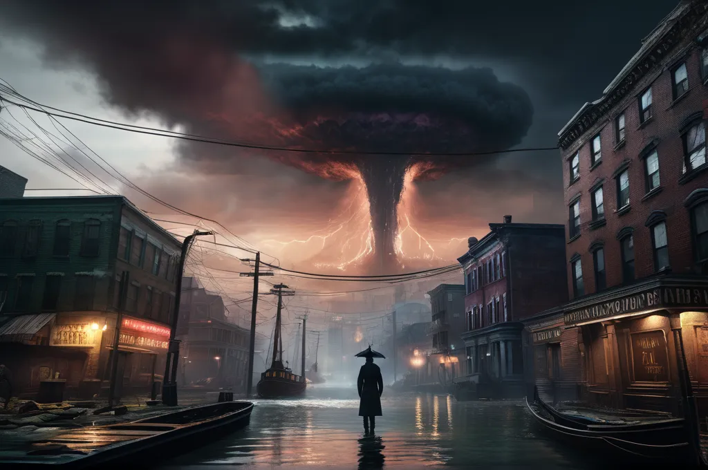 The image is a dark and stormy night. The sky is filled with dark clouds and lightning. The rain is coming down hard and the wind is blowing strong. The streets are flooded and the buildings are damaged. There is a large tornado in the distance. A man is standing in the middle of the street, holding an umbrella. He is wearing a long coat and a hat. He is looking at the tornado.