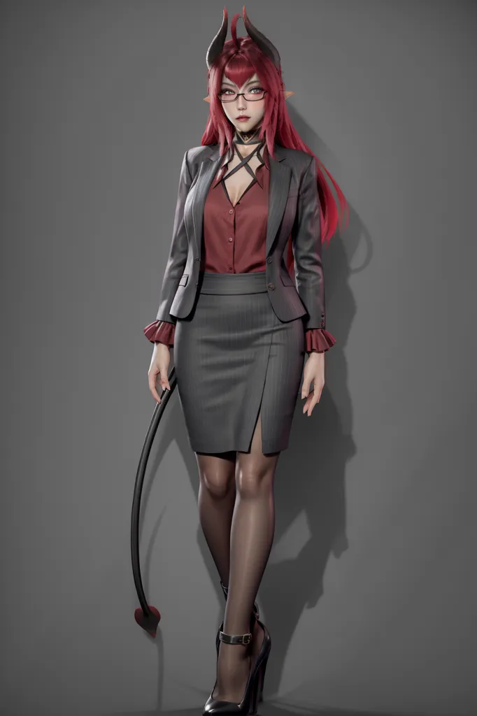 The picture shows a young woman, with red hair and devil horns, wearing a business suit. The suit is dark grey, with a red button up shirt and black pantyhose. She is also wearing black high heels. The woman has a confident expression on her face, and she is looking directly at the viewer. She has a curvy figure, with long legs and a small waist. Her hair is long and red, and it is styled in a way that is both elegant and professional. The woman's eyes are a deep red, and they are framed by long, dark eyelashes. Her lips are full and red, and they are curved into a slight smile. The woman's skin is pale and flawless, and she has a light blush on her cheeks. She is standing in a powerful pose, with her feet shoulder-width apart and her hands clasped in front of her. The woman's tail is long and black, and it is curled up behind her.