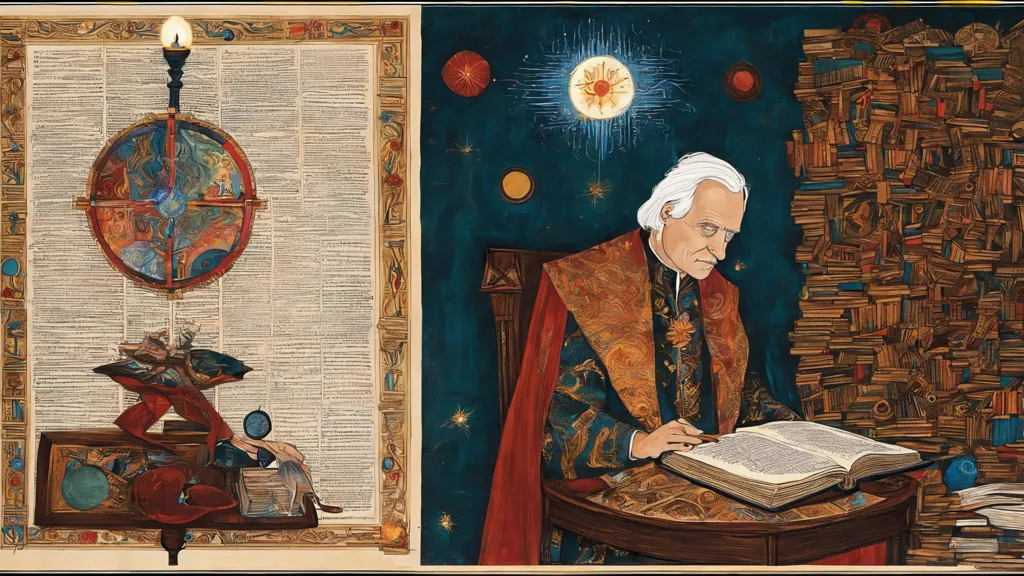 The image is divided into two parts. The left part is a page from an old book. The right part is a painting of a man sitting at a desk, reading a book. The man is wearing a red and gold robe and a white turban. He has a long white beard and a kind expression. There are bookshelves all around him. On the desk is a book, an inkwell, and a