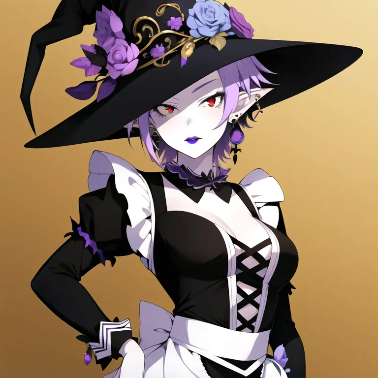 The picture shows a beautiful anime girl with purple hair and red eyes. She is wearing a black and purple witch hat with a white ribbon and purple flowers. She is also wearing a black and white maid outfit with a corset. She has a serious expression on her face.