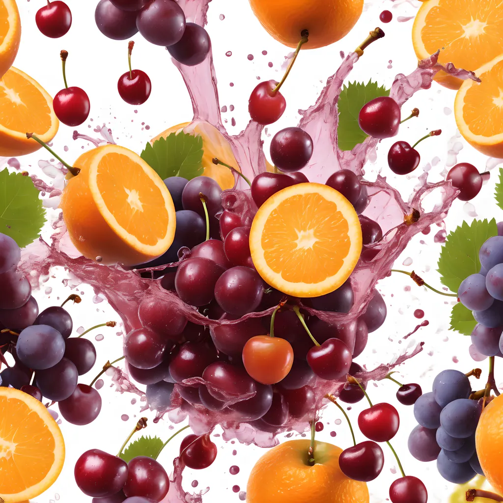 There is a white background with a variety of fruit including purple and green grapes, red and yellow cherries, and orange slices. The fruit is arranged in a circular pattern with a splash of red liquid in the center. The liquid is also splattered around the fruit.