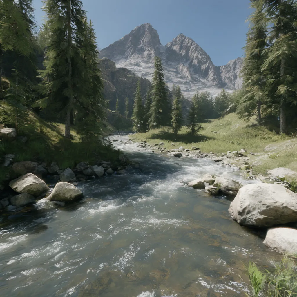 The image shows a mountain river in a valley. The river is wide and shallow, with clear water flowing over rocks and boulders. The banks of the river are covered in grass and moss, and there are a few trees growing along the edge. In the background, there is a tall mountain covered in snow. The sky is blue and there are a few clouds in the distance.