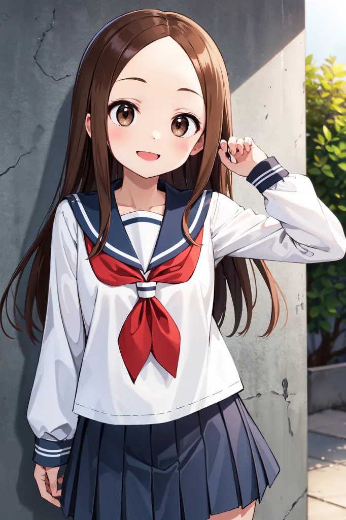 The image shows an anime girl with brown hair and brown eyes. She is wearing a white and blue sailor-style school uniform with a red ribbon. She is standing against a wall and has a happy expression on her face.