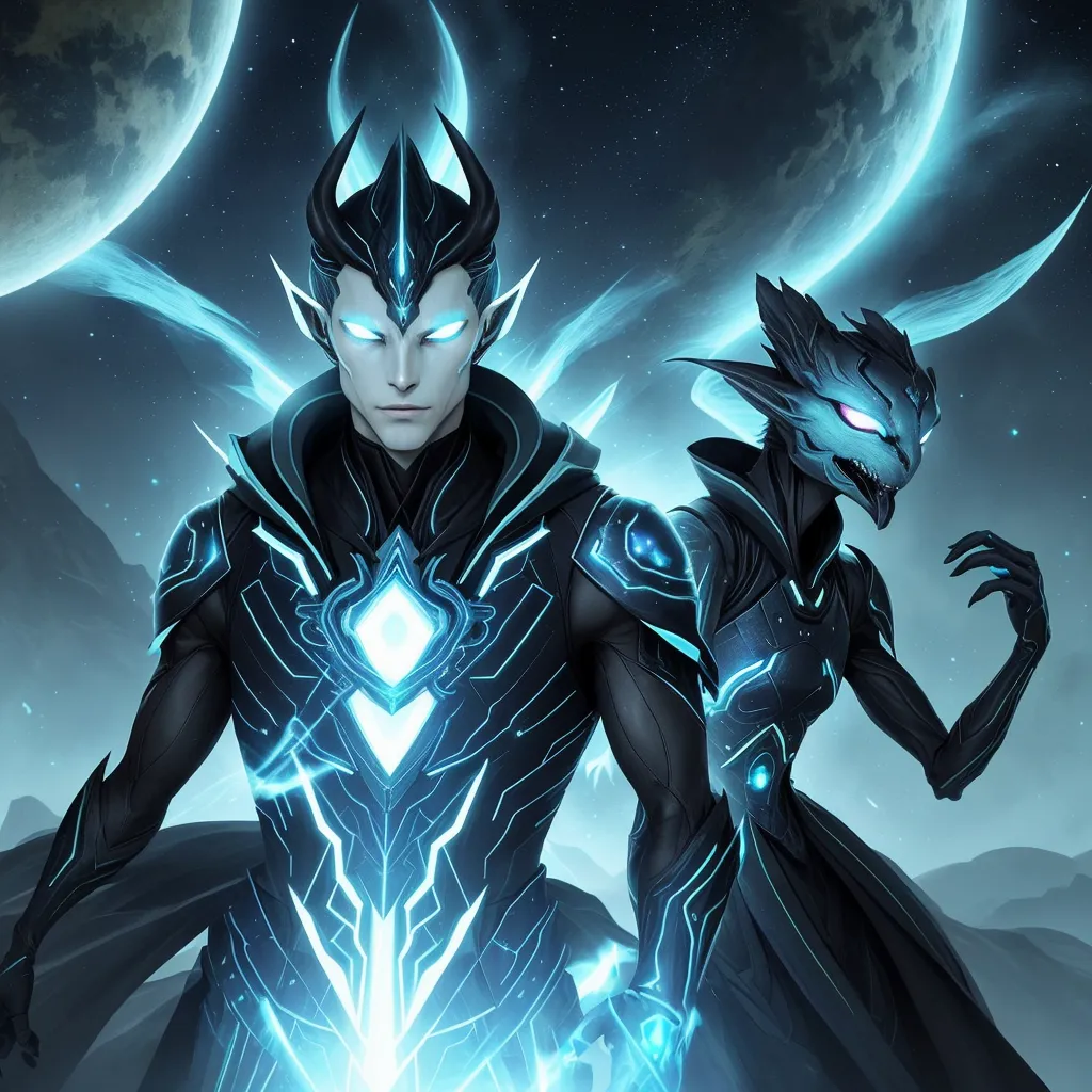 This is an image of two characters from a video game. They are both wearing futuristic armor and look like they are ready for battle. The character on the left is a man with dark hair and blue eyes. He is wearing a black and blue suit of armor with a white cape. He has a sword in his right hand and a shield in his left hand. The character on the right is a woman with dark hair and blue eyes. She is wearing a black and blue suit of armor with a white cape. She has a staff in her right hand and a book in her left hand. There are two moons in the background.