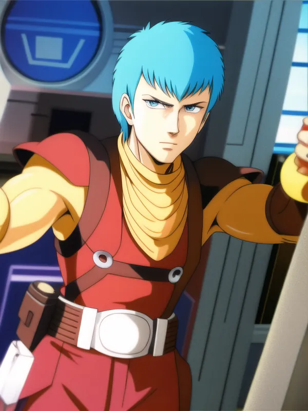 This is a picture of a male character from an anime. He has blue hair and blue eyes. He is wearing a red and yellow outfit. He looks like he is in a spaceship.