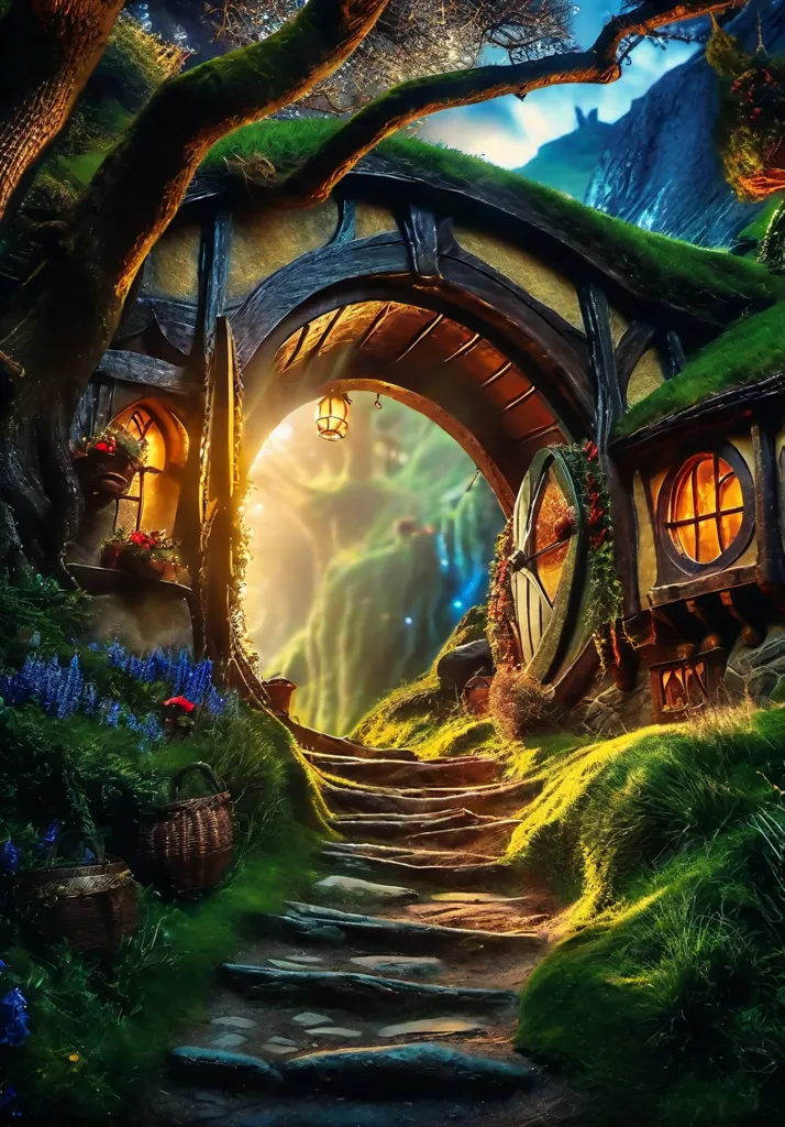 This is a picture of a hobbit hole. The hobbit hole is a round wooden door set into a hillside. The door is surrounded by a garden with flowers and plants. There is a path leading up to the door. The hobbit hole is located in a forest. The trees are tall and green. The leaves are a deep green. The sun is shining through the trees. There is a river running through the forest. The river is blue and clear. The sky is blue and there are white clouds.