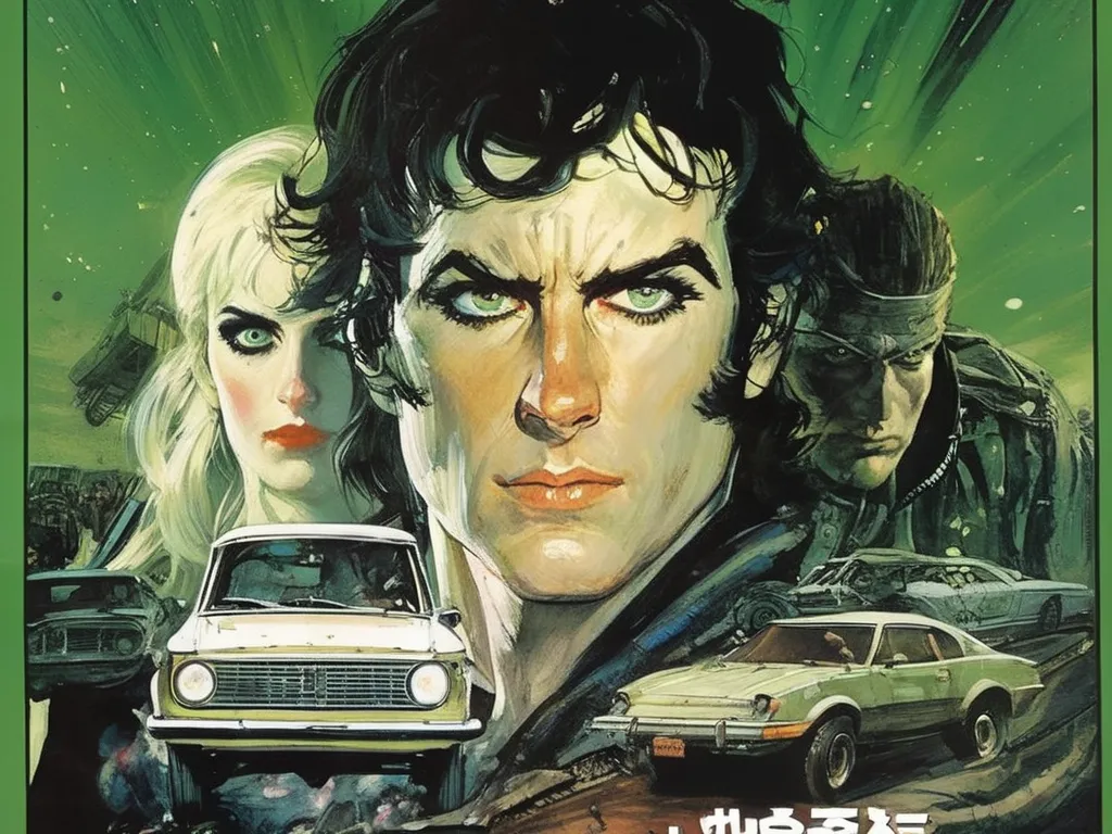 This is a poster for a 1978 Japanese science fiction film called "The War in Space". The poster features three characters in front of a green background. The main character is a man with long black hair and green eyes. He is wearing a white shirt and a black jacket. He is standing in the middle of the poster with a blonde woman on his left and a man with a bandana on his right. The blonde woman is wearing a white dress and has a gun in her hand. The man with the bandana is wearing a black shirt and has a knife in his hand. There are two cars in the foreground and an explosion in the background.