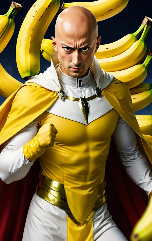 This is an image of a man dressed in a yellow superhero costume. He has a bald head and a serious expression on his face. He is wearing a yellow cape and a white belt with a gold buckle. He is also wearing white gloves and boots. There are bunches of bananas in the background.