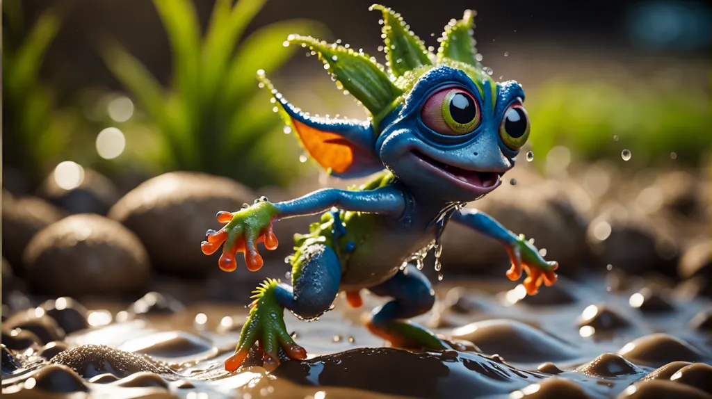 The image shows a small, blue, frog-like creature with green and orange accents. It has large, orange eyes and a wide smile. It is standing on a muddy ground, surrounded by small rocks and pebbles. The creature is wet, as if it has just been swimming or playing in the rain. The background of the image is blurry, but it looks like there are some green plants in the distance.