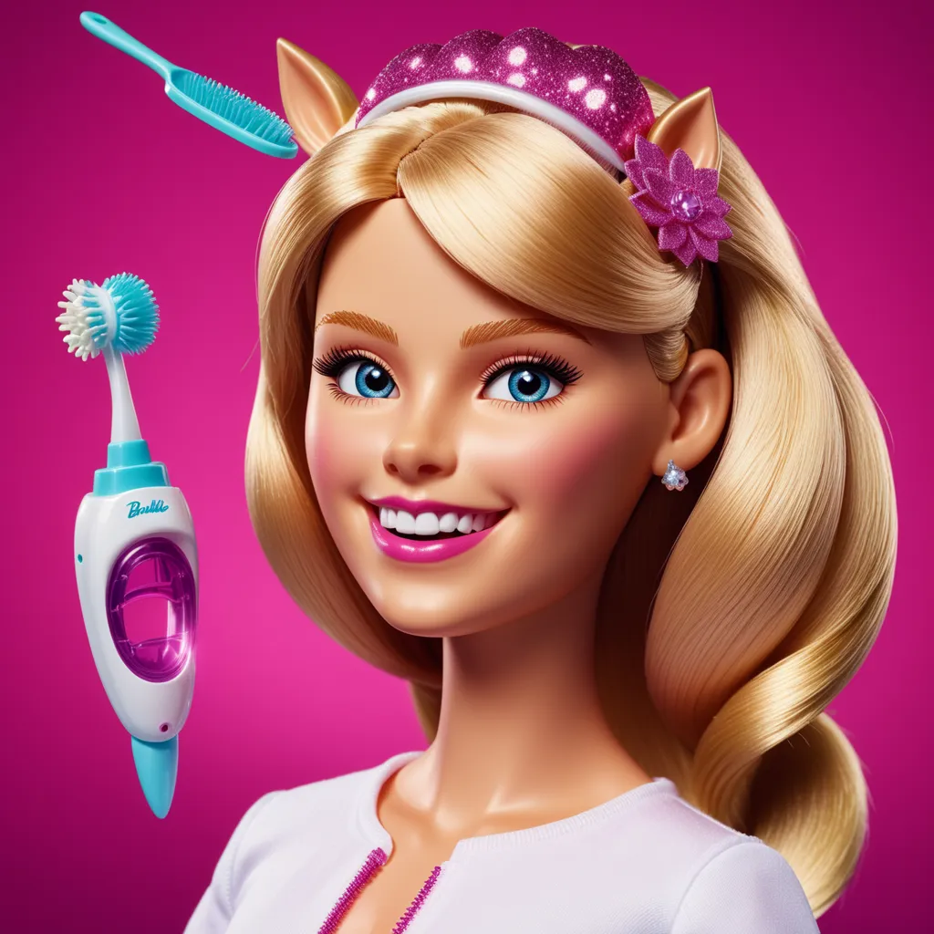 The image shows a Barbie doll with long blonde hair and blue eyes. She is wearing a white coat and a pink headband with cat ears. She has a big smile on her face and is holding a toothbrush and a hairbrush. The background is pink.