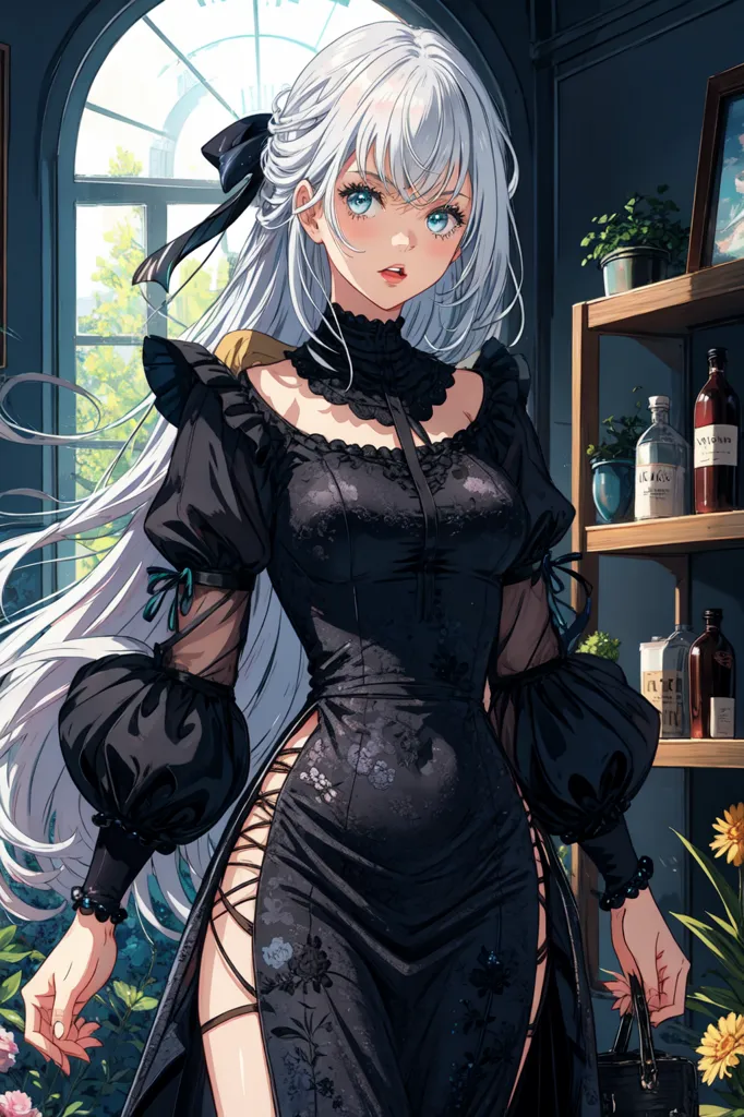 The image is of a beautiful anime girl with long white hair and blue eyes. She is wearing a black dress with a high collar and a slit on one side. The dress is decorated with intricate white lace and gold buttons. She is also wearing a black choker and a black bow in her hair. She is standing in front of a window and there are plants and flowers in the background.