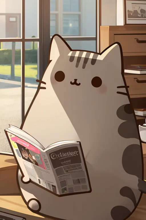 The image shows a cute cartoon cat sitting on a table and reading a newspaper. The cat is gray and white, with big round eyes and a pink nose. It is wearing a blue collar with a bell. The newspaper is called "The Daily Purr". There is a window in the background.