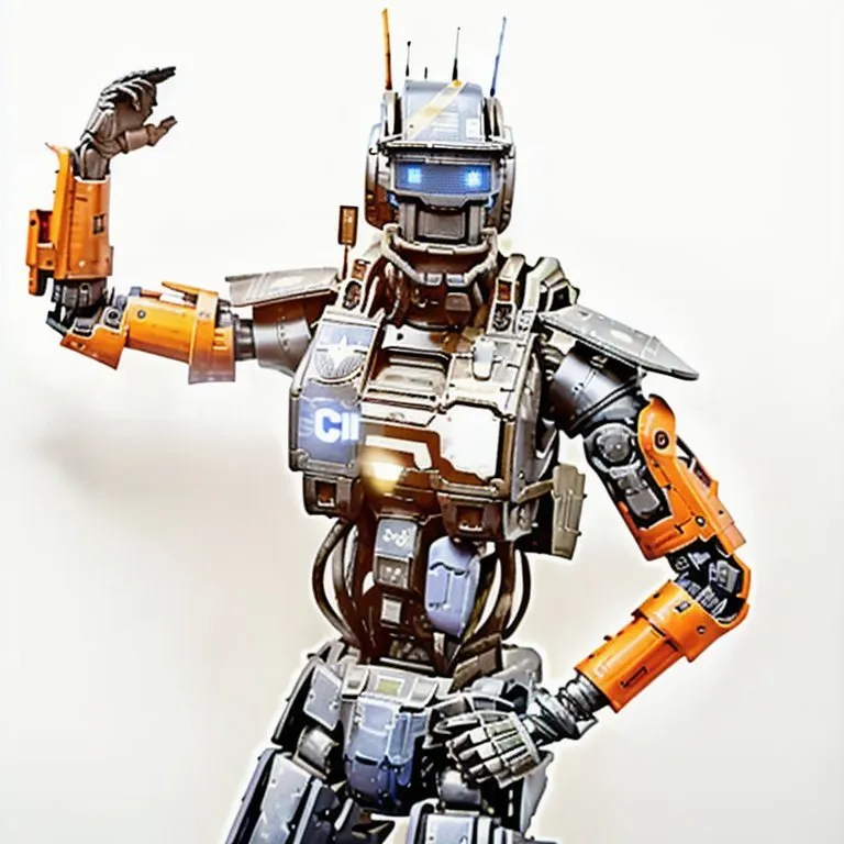 The image shows a robot with a human-like body. It has a silver and orange body, with a blue head. The robot has a friendly expression on its face. It is standing with its left arm raised, and its right arm is by its side. The robot has a gun on its right hip. It is standing on a white background.