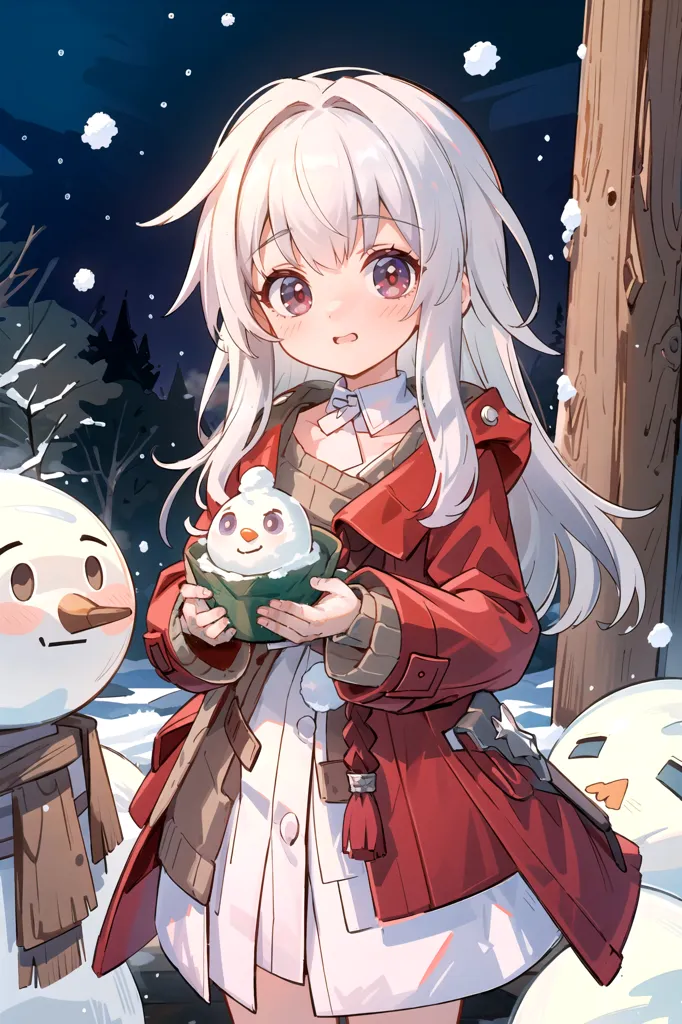 The image shows an anime-style girl with long white hair and purple eyes. She is wearing a red coat and a white dress. She is holding a small snowman in her hands. There are two other snowmen standing next to her. The girl is standing in a snowy forest. The ground is covered in snow and there are trees in the background. The sky is dark and there are snowflakes falling.