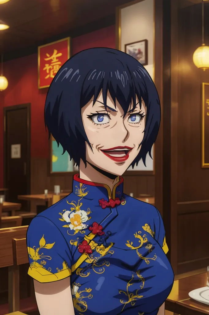 The image shows a woman with short black hair and blue eyes. She is wearing a blue cheongsam with white and yellow floral designs. The cheongsam has a high collar and is fastened with three buttons. The woman is sitting in a restaurant and there is a plate on the table in front of her.