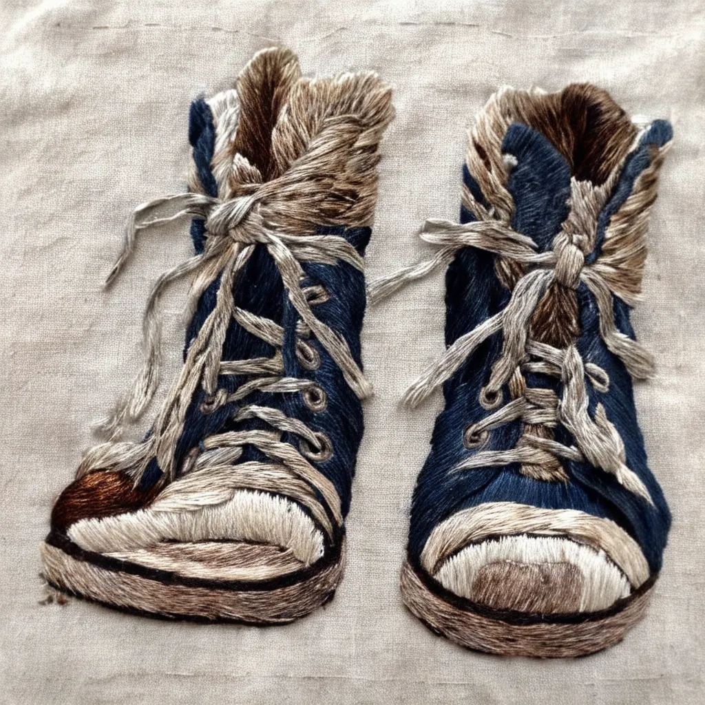 The image shows a pair of blue boots with brown fur trim at the top. The boots are unlaced and the tongues are folded down. The boots are embroidered on a beige background.