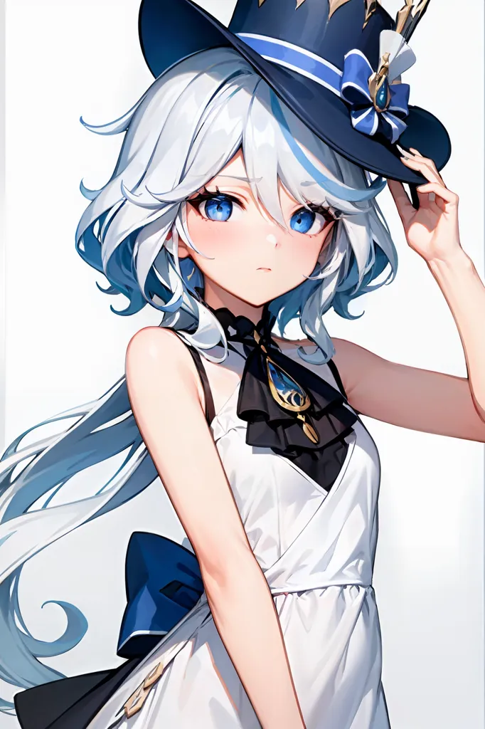 This is an image of a young girl with white hair and blue eyes. She is wearing a white dress with a blue sash and a blue hat with a white feather. She is also wearing a blue necklace and a blue bracelet. She is standing in front of a white background and is looking at the viewer with a slight smile on her face.