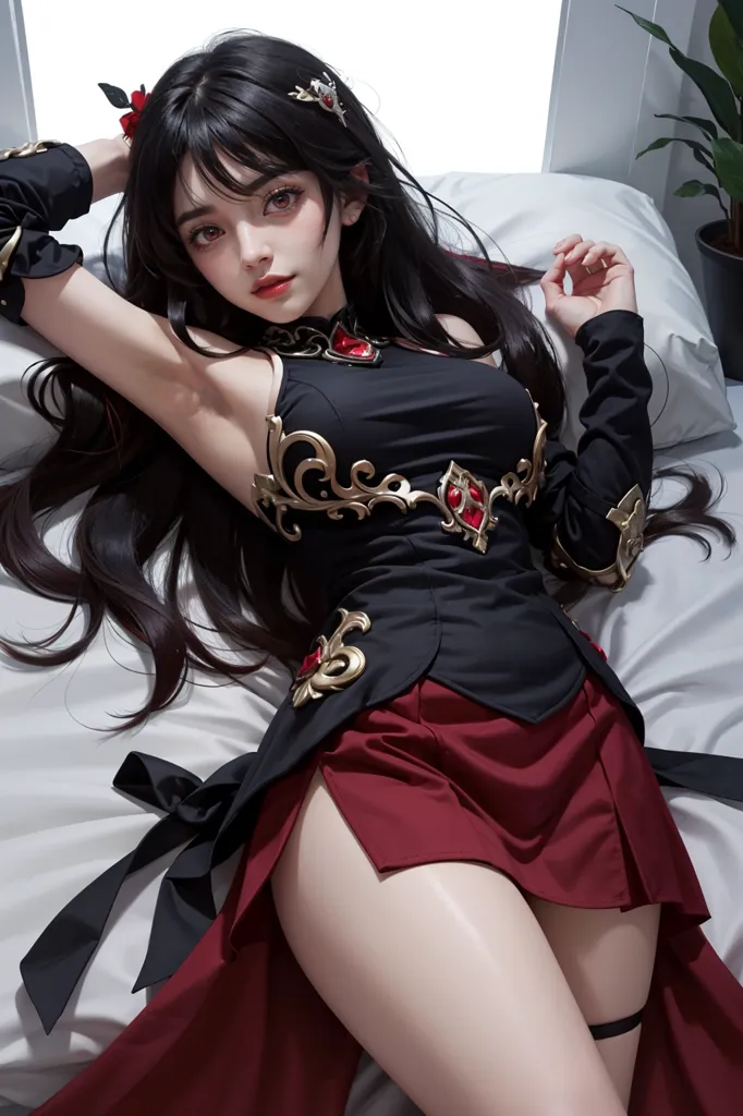 The image shows a beautiful young woman with long black hair and red eyes. She is wearing a black and red dress with gold trim. The dress is low-cut, showing off her cleavage. She is also wearing a red garter on her right leg. She is lying on a white bed, with her left hand resting on her head and her right hand hanging off the bed. She is looking at the viewer with a seductive expression.