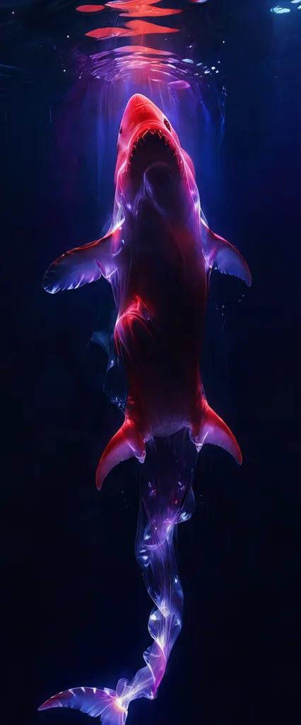 The image is of a shark. The shark is red and looks like it is made of fire. It is swimming upwards towards the light. The background is dark blue and there are some bubbles in the foreground. The shark has a long tail and a large fin. Its mouth is open and it looks like it is about to attack.