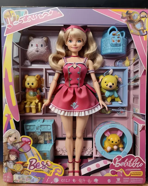 The image shows a doll with blonde hair and blue eyes wearing a pink dress and white shoes. She is standing in a pink box with a clear plastic front. There are several accessories in the box, including a small bed, a table, a chair, a bathtub, and a toilet. There are also several small animals in the box, including a cat, a dog, and a rabbit. The doll is holding a small yellow bird in her hand. The box is labeled "Bessie" and "Beribbon".