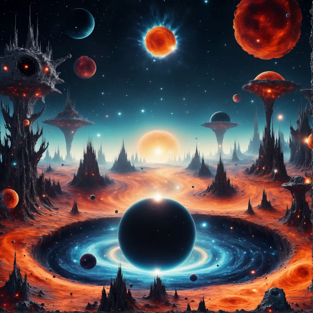 The image is set in a vast, alien landscape. The ground is covered in a red dust, and there are tall, rocky outcroppings everywhere. The sky is dark, and there are several suns in the distance. A large, black hole is in the foreground, and there are several planets orbiting it. The planet closest to the black hole is being pulled towards it. The image is full of mystery and wonder, and it leaves the viewer wondering what would happen if they were to step into this strange world.