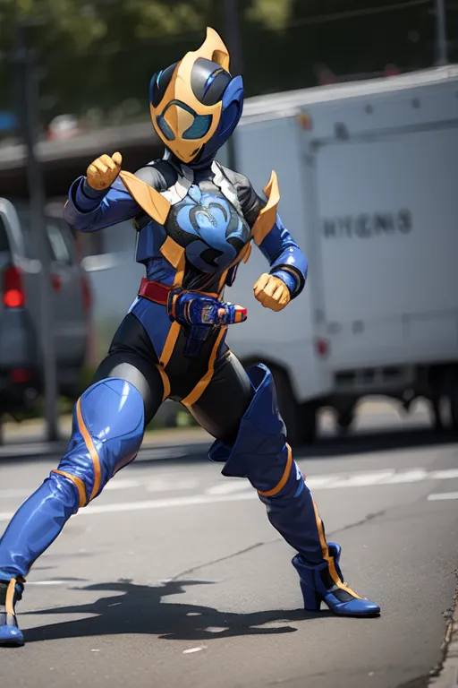 The image shows a person in a yellow and blue superhero costume standing in a fighting pose. The helmet has a clear yellow visor and there is a yellow heart-shaped symbol on the chest. The person is wearing a black belt with a yellow buckle. There is a small yellow device on the right hip. The arms and legs are protected by blue armor with yellow highlights. The hands and feet are covered in blue gloves and boots.