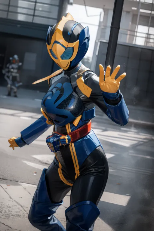 The image shows a person in a blue and yellow superhero costume. The costume has a black belt with a yellow buckle and yellow shoulder pads. The helmet has a yellow visor and a black stripe down the middle. The person is standing in a city street, with buildings in the background.