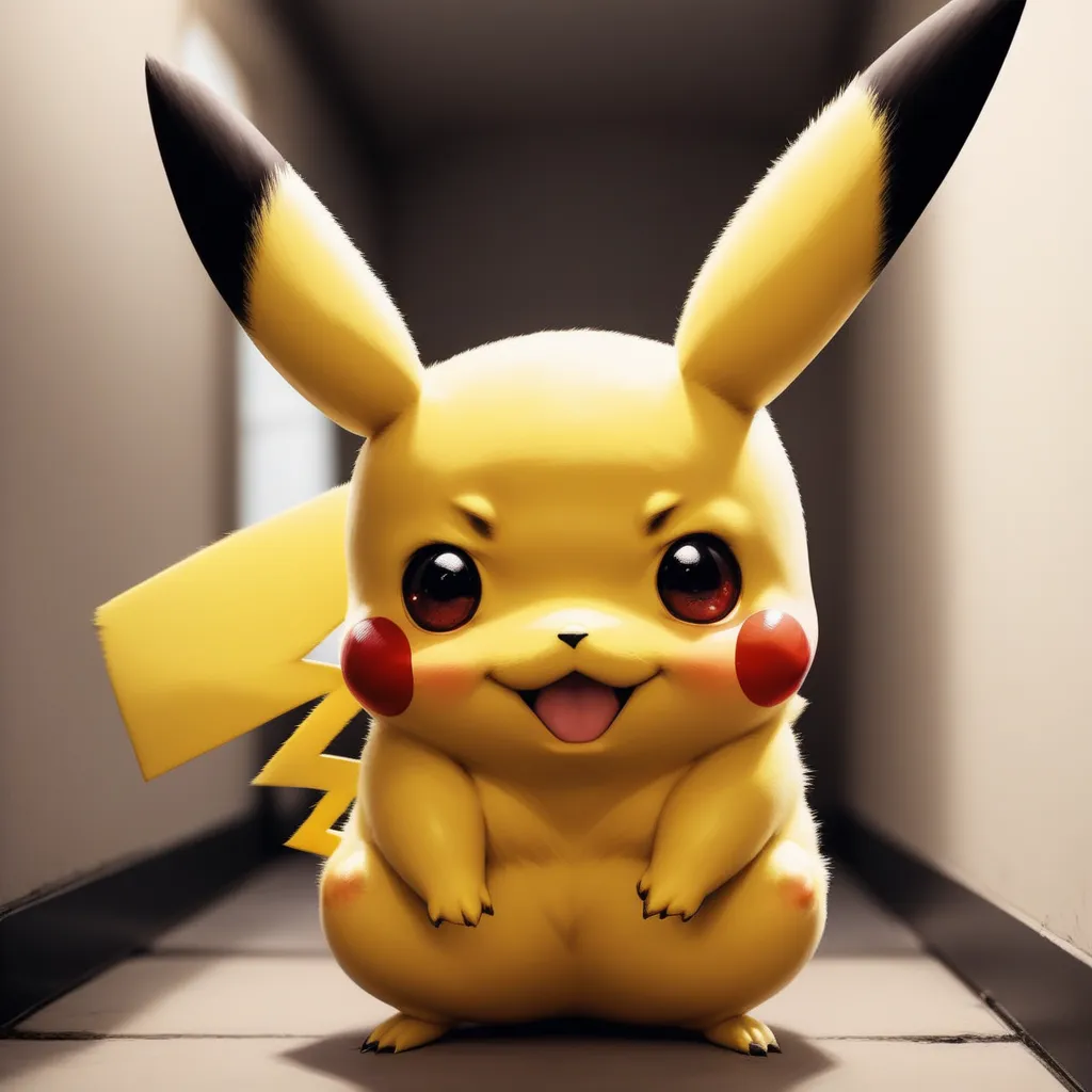 The image shows Pikachu, which is a fictional character from the Pokémon franchise. It is a small, yellow, mouse-like creature with black-tipped ears and a red circle on each cheek. It is standing in a hallway, looking at the viewer with a curious expression