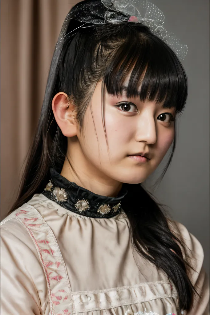 This is a picture of a young Japanese woman with long black hair and bangs. She is wearing a light pink blouse with a black collar and a black headband with a silver and pink flower-shaped ornament. She has a serious expression on her face.