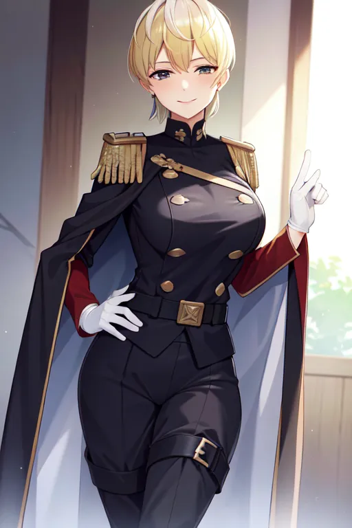 The image shows a young woman with short blonde hair and blue eyes. She is wearing a black military uniform with gold epaulettes and red trim. The uniform has a long black cape attached to it. She is also wearing a white glove on her right hand. She has a confident smile on her face and is looking at the viewer.