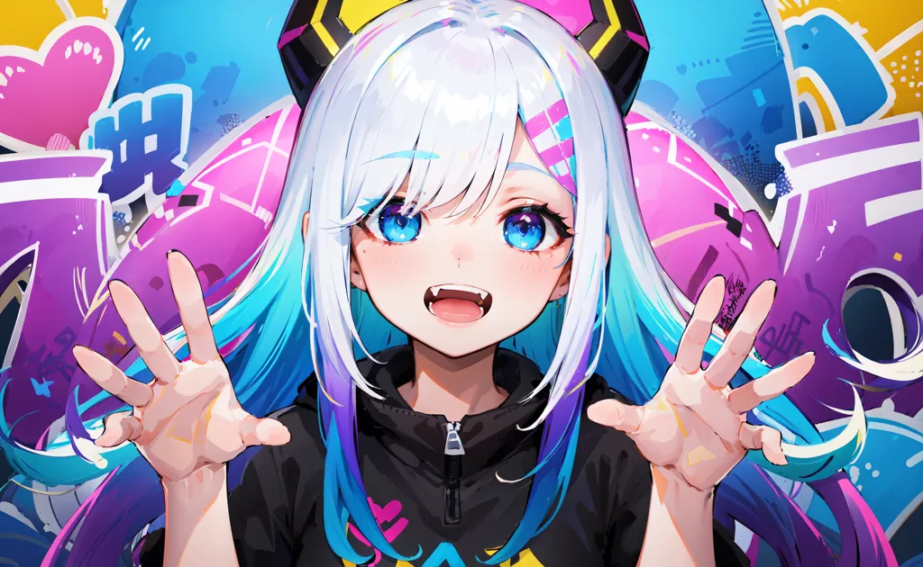 The image is a portrait of a young woman with white, blue, and pink hair. She has blue eyes and is wearing a black jacket with pink and blue accents. She has a surprised expression on her face and is opening her mouth. There are several colorful shapes and symbols in the background.