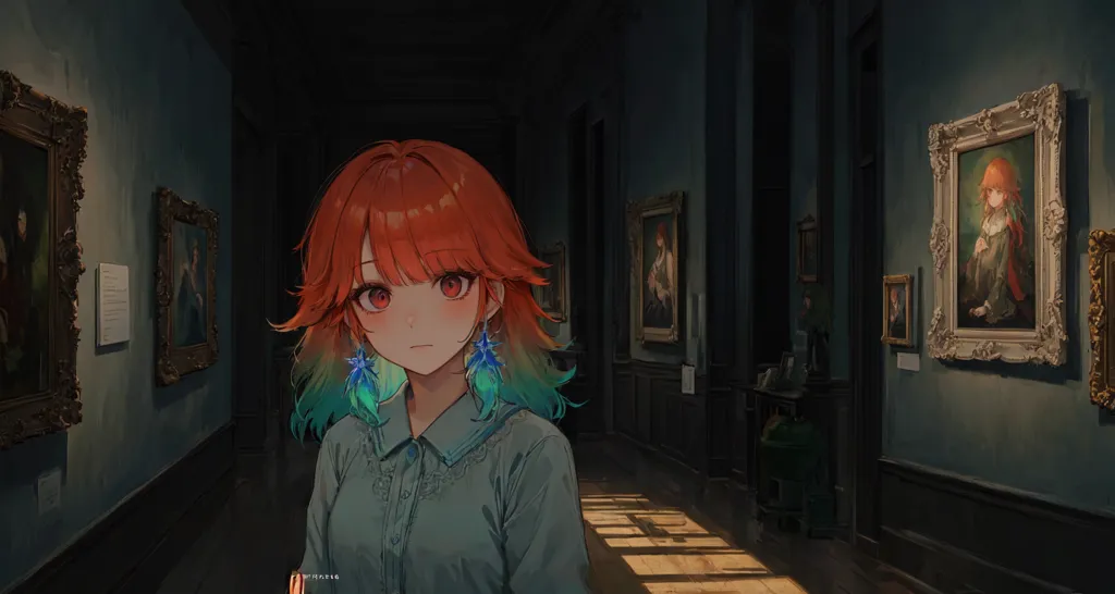 The image is a dimly lit hallway with a redheaded girl standing in the center. The girl is wearing a blue shirt and has green and blue earrings. The walls of the hallway are lined with paintings.