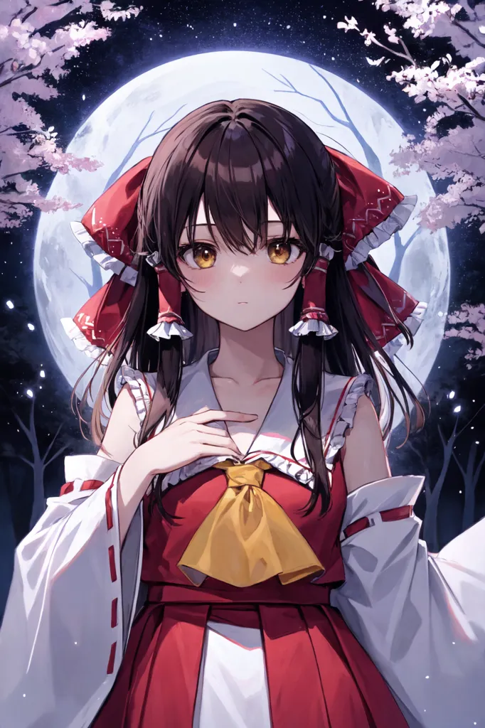 The image is of a young woman with long brown hair and yellow eyes. She is wearing a red and white kimono with a yellow obi. She is standing in front of a full moon, and there are cherry blossoms falling around her. The background is a dark blue night sky. The girl has a shy expression on her face, and she is looking down at the viewer.