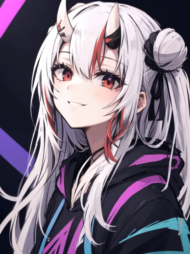 The image is a portrait of a young woman with white hair and red eyes. She is wearing a black hoodie with purple and blue stripes. She has a pair of horns on her head and a bun in her hair. She has a friendly smile on her face.