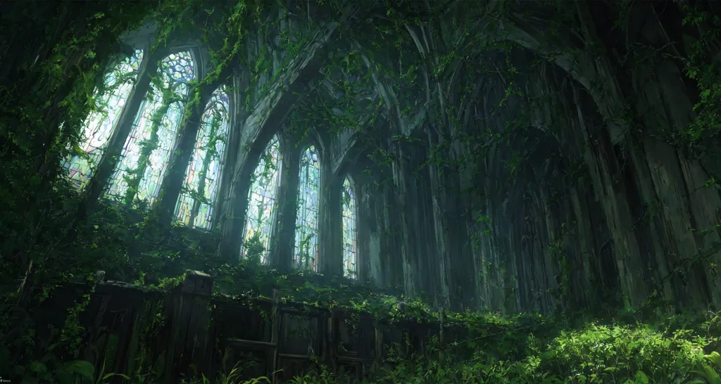 L'image est une peinture numérique d'une cathédrale en ruine. La cathédrale est envahie de lianes et de plantes, et les murs sont recouverts de mousse. Le toit s'est effondré, et l'intérieur de la cathédrale est exposé aux éléments. Les vitraux sont brisés, et les bancs sont recouverts de poussière et de débris. L'effet global est celui de la désolation et de l'abandon.