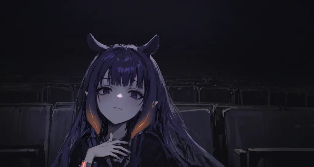 This is an image of a girl with horns sitting in a dark movie theater. She has long purple hair and orange eyes, and is wearing a black jacket. The girl is looking at the movie screen, which is lit up with a bright light. The rest of the theater is dark and empty.