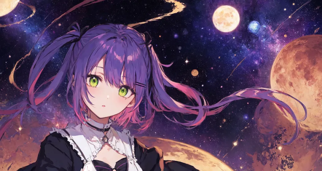 This image shows a girl with purple twintails and green eyes. She is wearing a black and white maid outfit with a choker. She is standing in front of a starry background with two moons and a planet in the background. There are also shooting stars in the background.