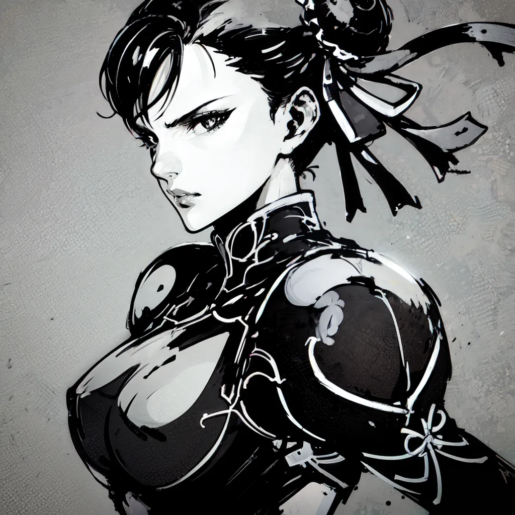 L'image est un dessin en noir et blanc de Chun-Li, un personnage de la série de jeux vidéo Street Fighter. Elle est dessinée dans un style réaliste, avec un accent mis sur son expression faciale et son anatomie. Elle regarde vers la gauche du spectateur avec une expression sérieuse sur le visage. Elle porte un qipao avec un col haut et une paire de chignons dans les cheveux.