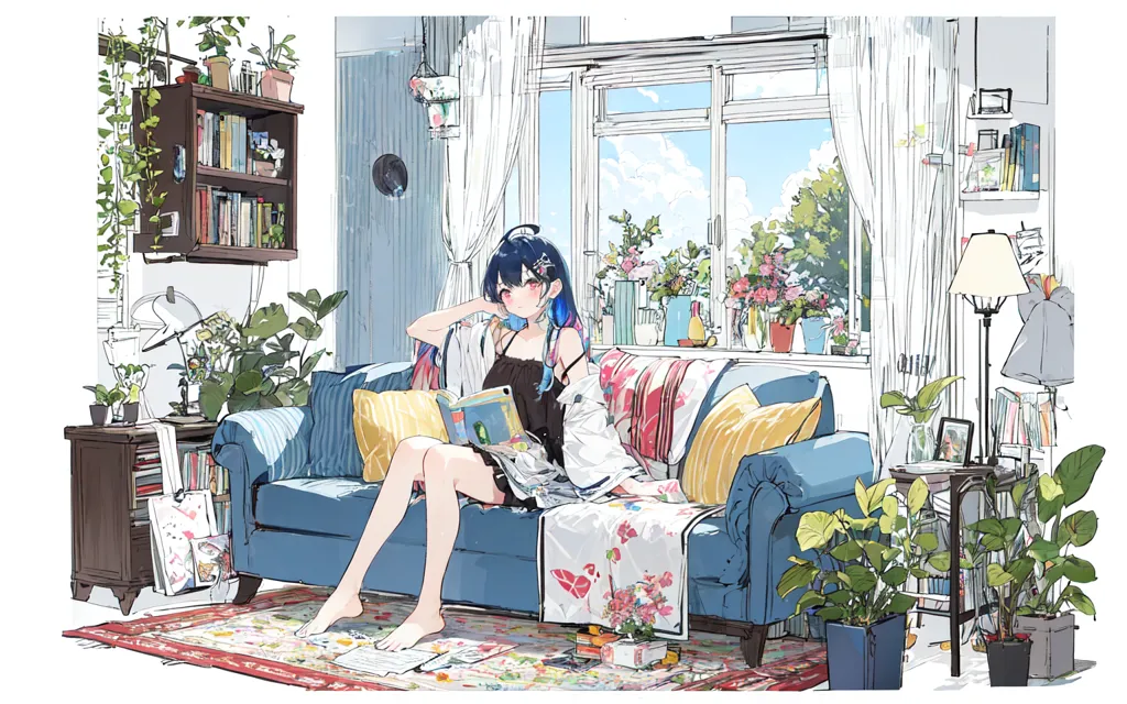 The image shows a girl with blue hair sitting on a blue couch in a living room. She is wearing a black tank top and a white cardigan. The couch is covered in pillows and blankets, and there is a pink patterned rug on the floor. The living room is decorated with plants, books, and artwork. There is a large window that lets in plenty of natural light. The girl is reading a book and has a cup of tea on the table beside her. She is smiling and looks relaxed and happy.
