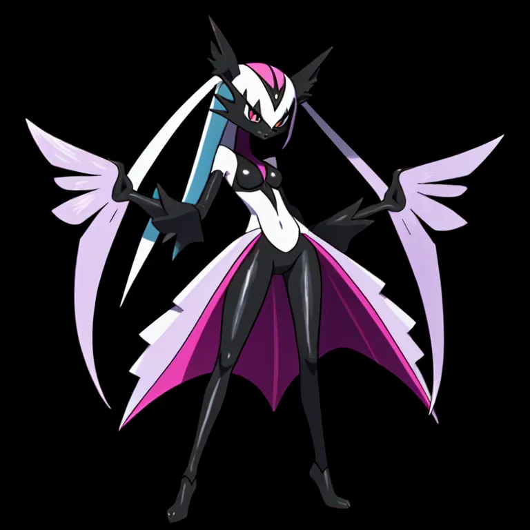 The image shows a humanoid Pokémon with black skin and white and blue hair. It has large, pointed ears and a pair of black wings. It is wearing a white and purple dress with a long, flowing skirt. It also has a pair of black boots with purple soles. The Pokémon is standing in a confident pose with its arms outstretched to the sides. It has a determined expression on its fa