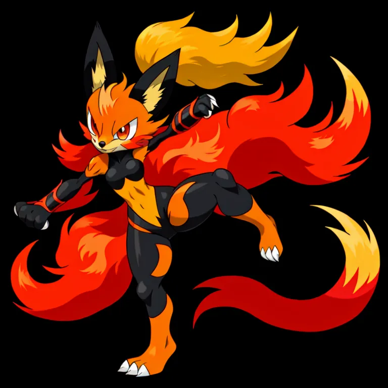 The image is a cartoon of a female fox. She is mostly orange with black and yellow accents. She has large, fluffy, orange and yellow hair and nine tails. She is wearing a black and yellow bodysuit. She is in a fighting stance.