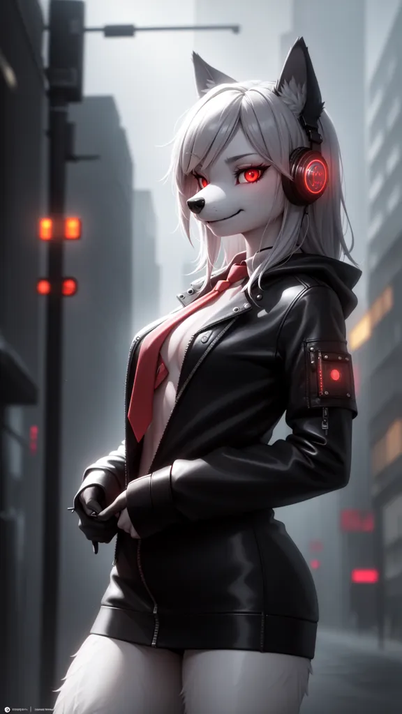 The image is of a white wolf girl with red eyes. She is wearing a black leather jacket with a red tie and headphones. She is standing in a city street with a blurred background.