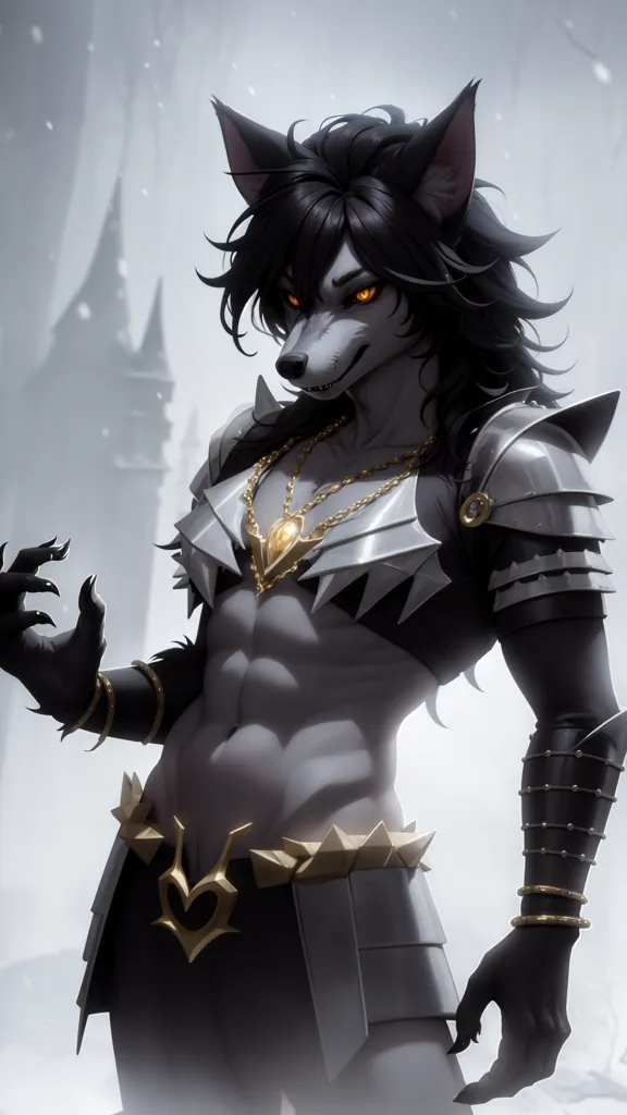 The image is of a muscular werewolf with long black hair and yellow eyes. He is wearing a silver and gold colored armor and has a chain around his neck with a golden amulet. He is standing in a snowy forest and is looking at the viewer with a fierce expression.